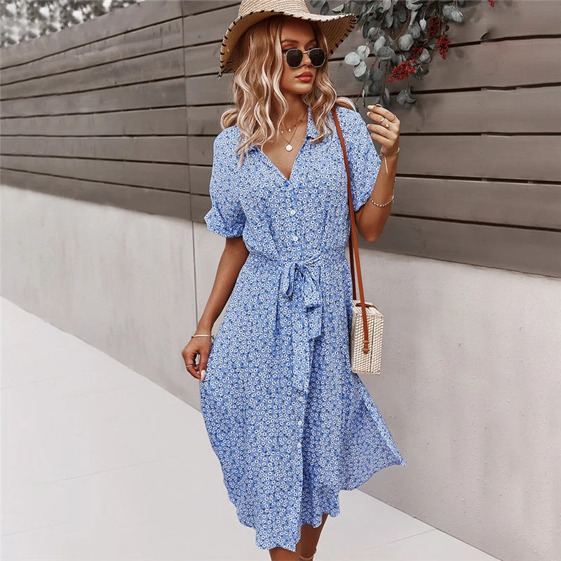 Variant image for Women's Summer Dress Cotton with Fabric Belt-5