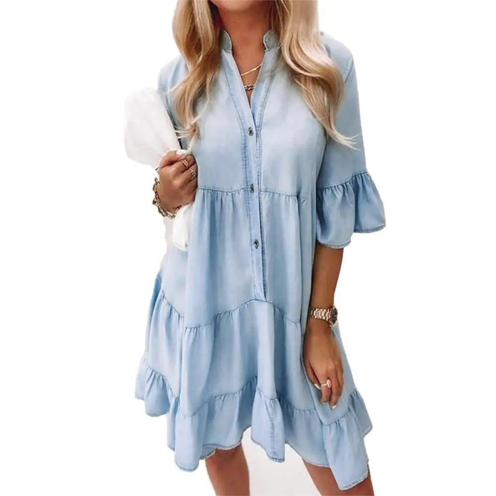 Women's Denim Dress Cotton Polyester with Ruffles-2