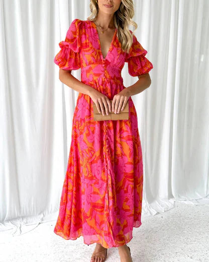 Women's Cotton Maxi Dress with Puff Sleeves-4