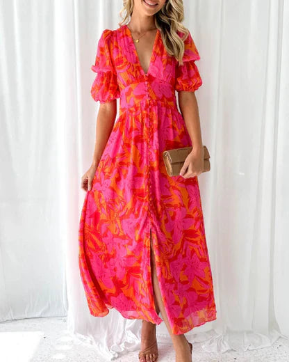 Women's Cotton Maxi Dress with Puff Sleeves-5