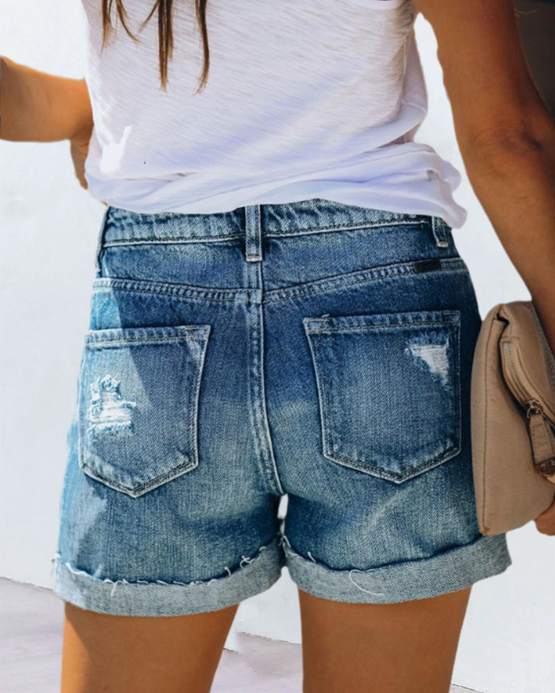 Women's Denim Shorts Casual Mid Waist-5