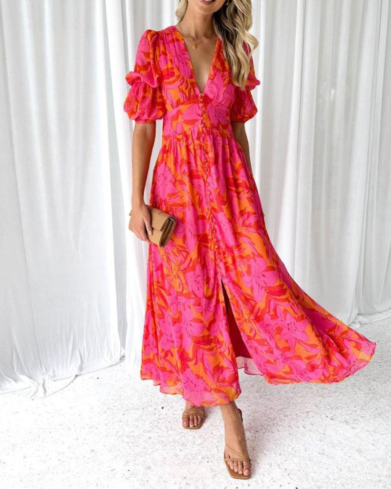 Women's Cotton Maxi Dress with Puff Sleeves-1