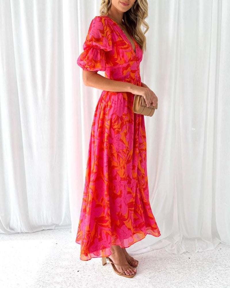 Women's Cotton Maxi Dress with Puff Sleeves-2