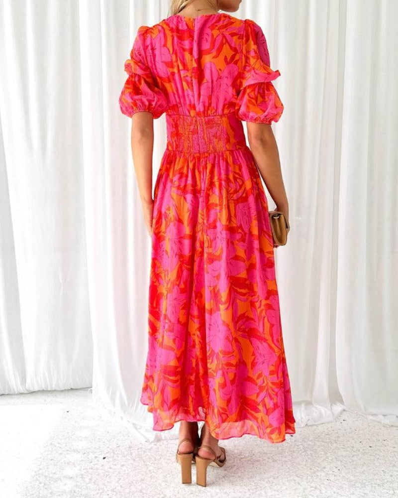 Women's Cotton Maxi Dress with Puff Sleeves-3