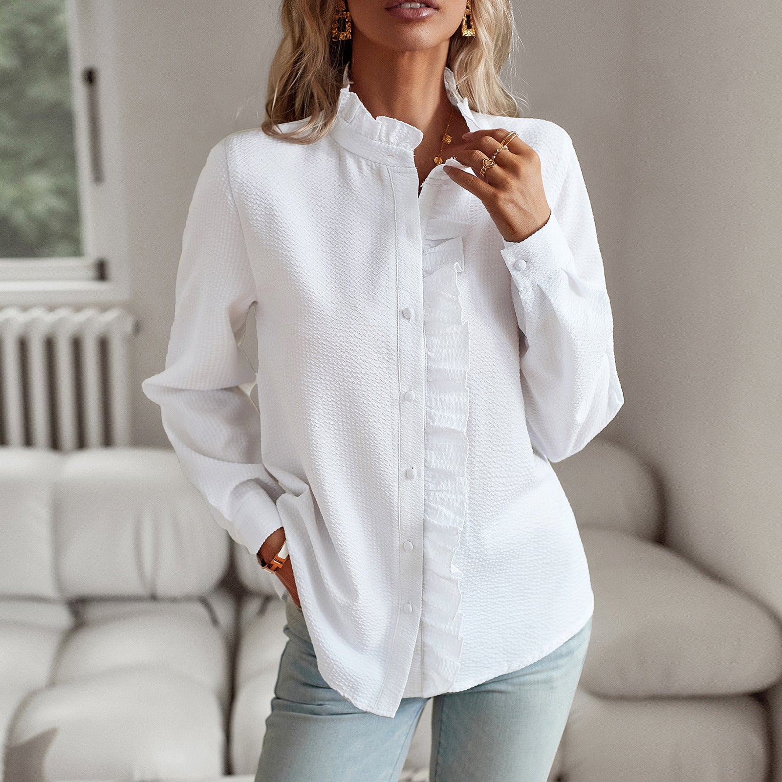 Women's Long Sleeve Blouse Cotton Polyester-1