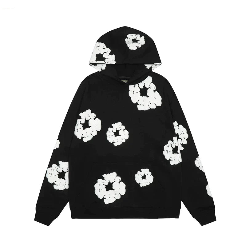 Men's Denim Hoodie with Floral Patterns-1