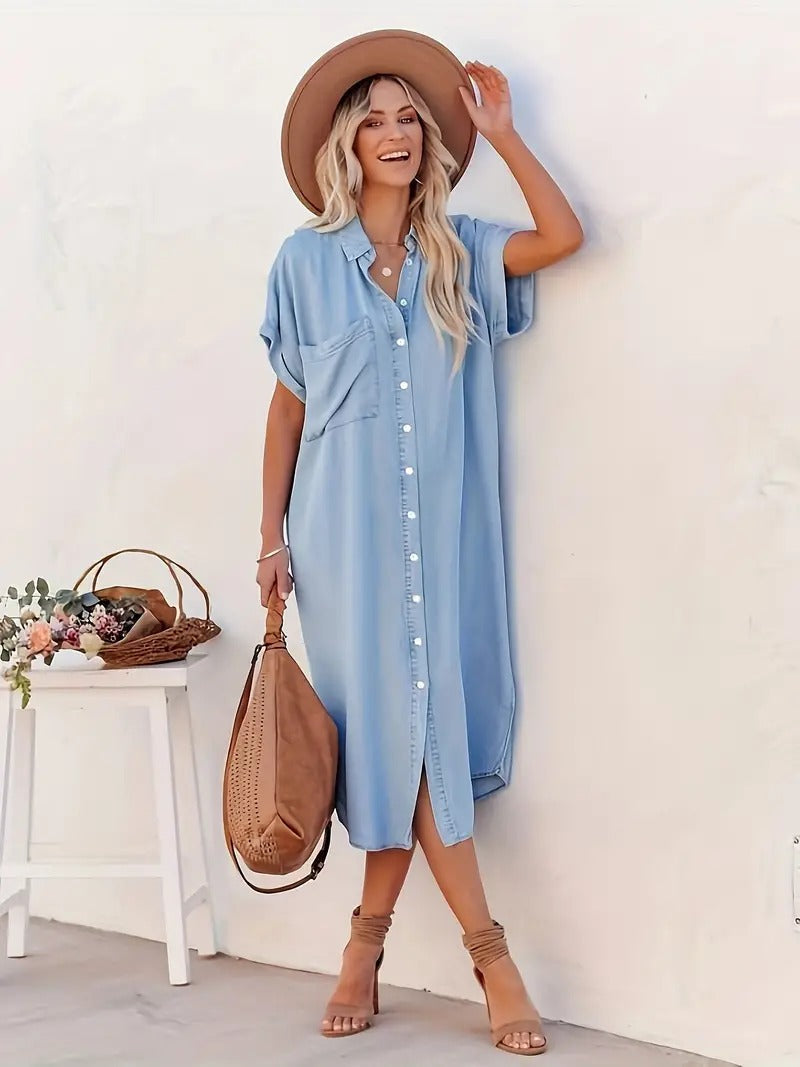 Women's Shirt Dress Cotton with Button Closure-1
