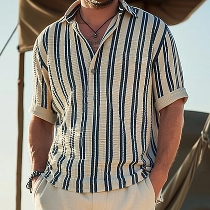 Men's T-Shirt Cotton Striped V-Neck Short Sleeve-4