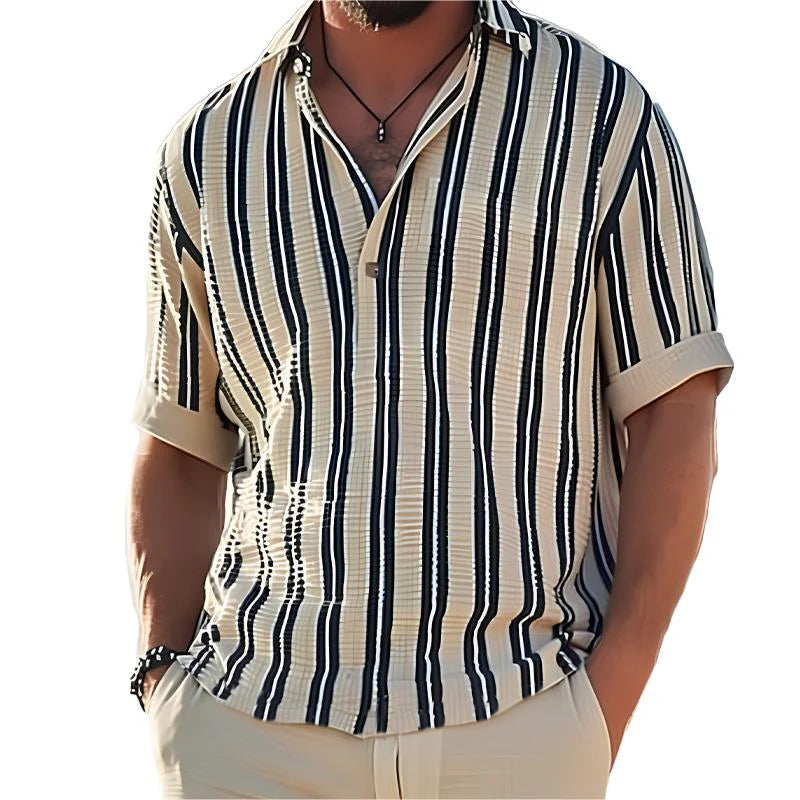 Men's T-Shirt Cotton Striped V-Neck Short Sleeve-1