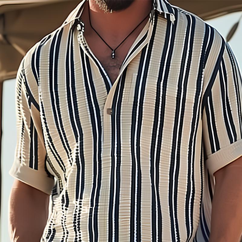 Men's T-Shirt Cotton Striped V-Neck Short Sleeve-3